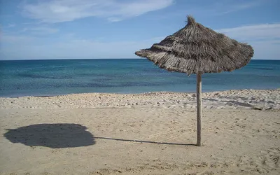 Parasol z suszonej trzciny na pustej, piaszczystej plaży w Hammamecie, w tle turkusowe morze