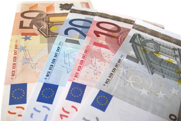 Banknoty 50, 20, 10 i 5 euro rozłożone wachlarzem