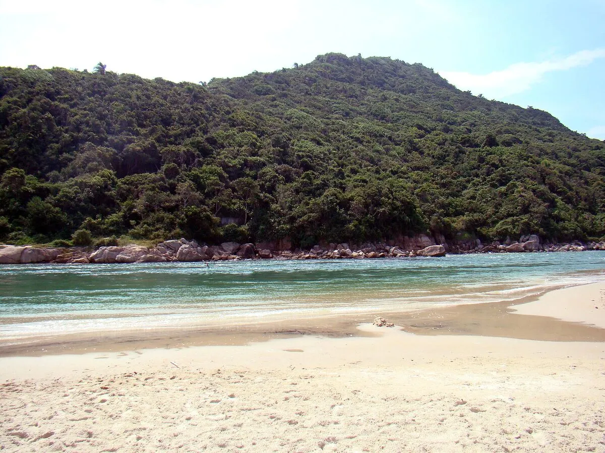 Piaszczysta plaża Guarda do Embaú, w tle zalesione wzgórze