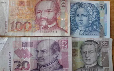 Banknoty chorwackich kun o nominałach 10, 20, 50 i 100