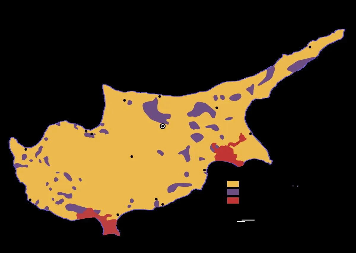 Mapa Cypru z 1973 roku z rozmieszczeniem ludności greckiej i tureckiej