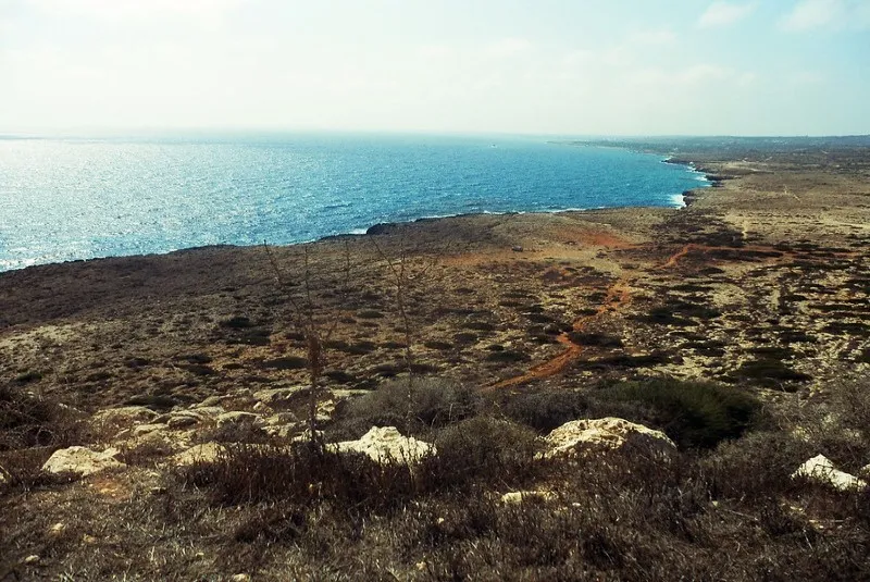 Suche, porośnięte krzewami wybrzeże przylądka Cape Greco nad błękitnym morzem