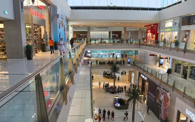 Wielopoziomowe wnętrze Dubai Mall z przeszklonymi balustradami, sklepami i palmami na parterze
