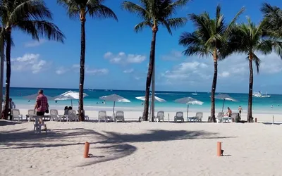 Biała plaża z palmami, leżakami i parasolami na wyspie Boracay