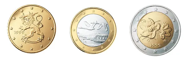 Fińskie monety euro (od lewej): 50 euro centów, 1€ i 2€