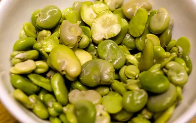 Miseczka obranej zielonej fasoli fava (bobu)