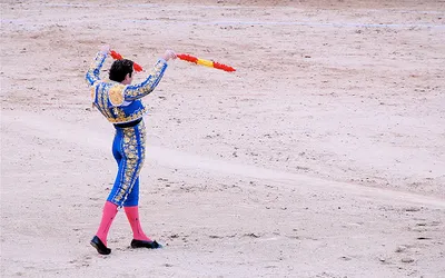 Torero z czerwoną muletą przed szarżującym bykiem na arenie