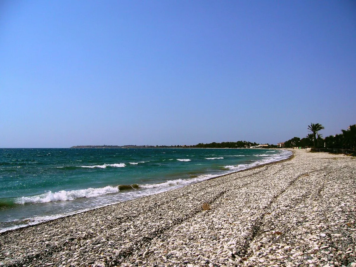 Kamienista plaża i fale Morza Śródziemnego na wybrzeżu w okolicy Larnaki, w tle palmy