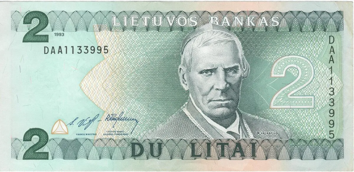 Awers banknotu 2 litów litewskich z 1993 roku z portretem Motiejusa Valančiusa