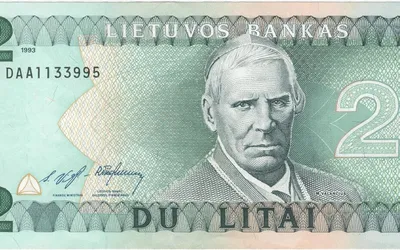 Awers banknotu 2 litów litewskich z 1993 roku z portretem Motiejusa Valančiusa
