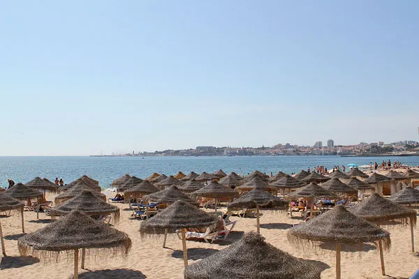 Słomkowe parasole i leżaki na plaży w Estoril pod Lizboną