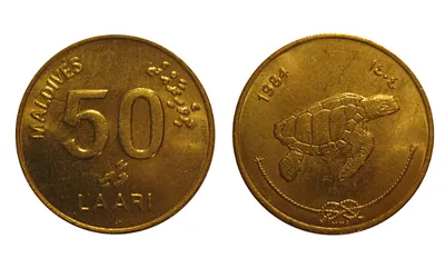 Awers i rewers malediwskiej monety 50 laari z żółwiem morskim