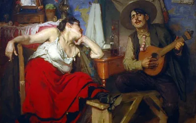 Obraz Fado José Malhoi – śpiewak z gitarą i zasłuchana kobieta w czerwonej spódnicy