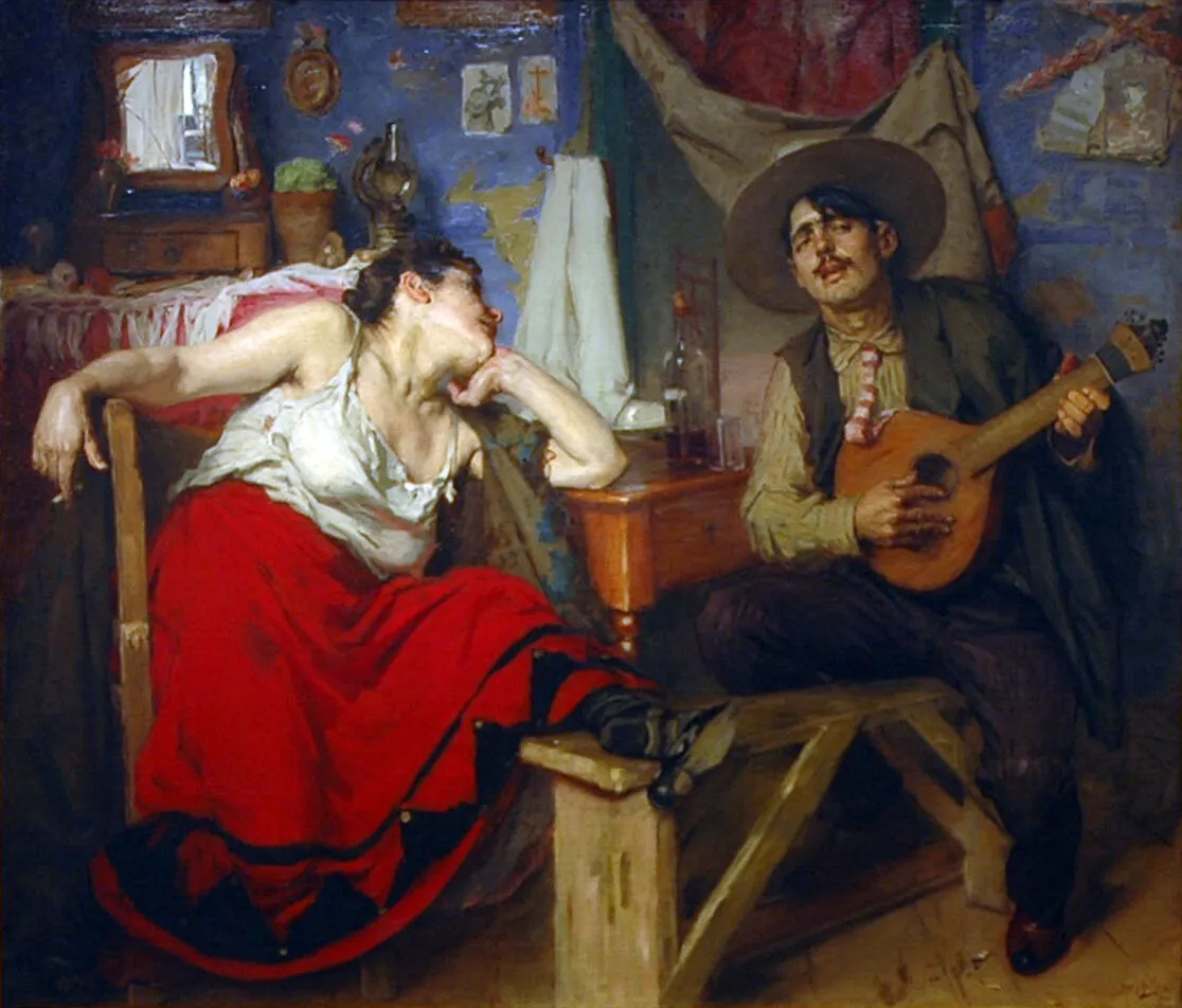 Obraz Fado José Malhoi – śpiewak z gitarą i zasłuchana kobieta w czerwonej spódnicy