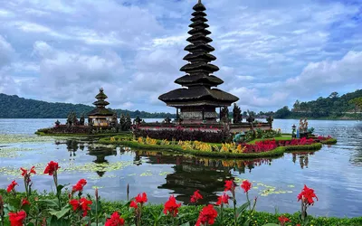 Wielopoziomowa wieża meru świątyni Pura Ulun Danu Bratan na wysepce na jeziorze Bratan na Bali, na pierwszym planie czerwone kwiaty