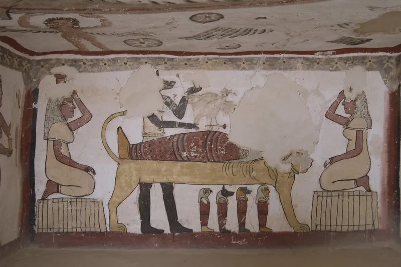 Malowidło grobowe: Anubis, Izyda i Neftyda nad ciałem Ozyrysa