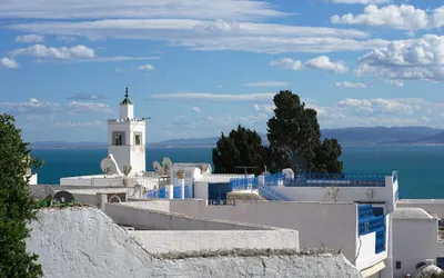 Białe domy z niebieskimi balustradami i minaret w Sidi Bou Saidzie, w tle Zatoka Tunisu