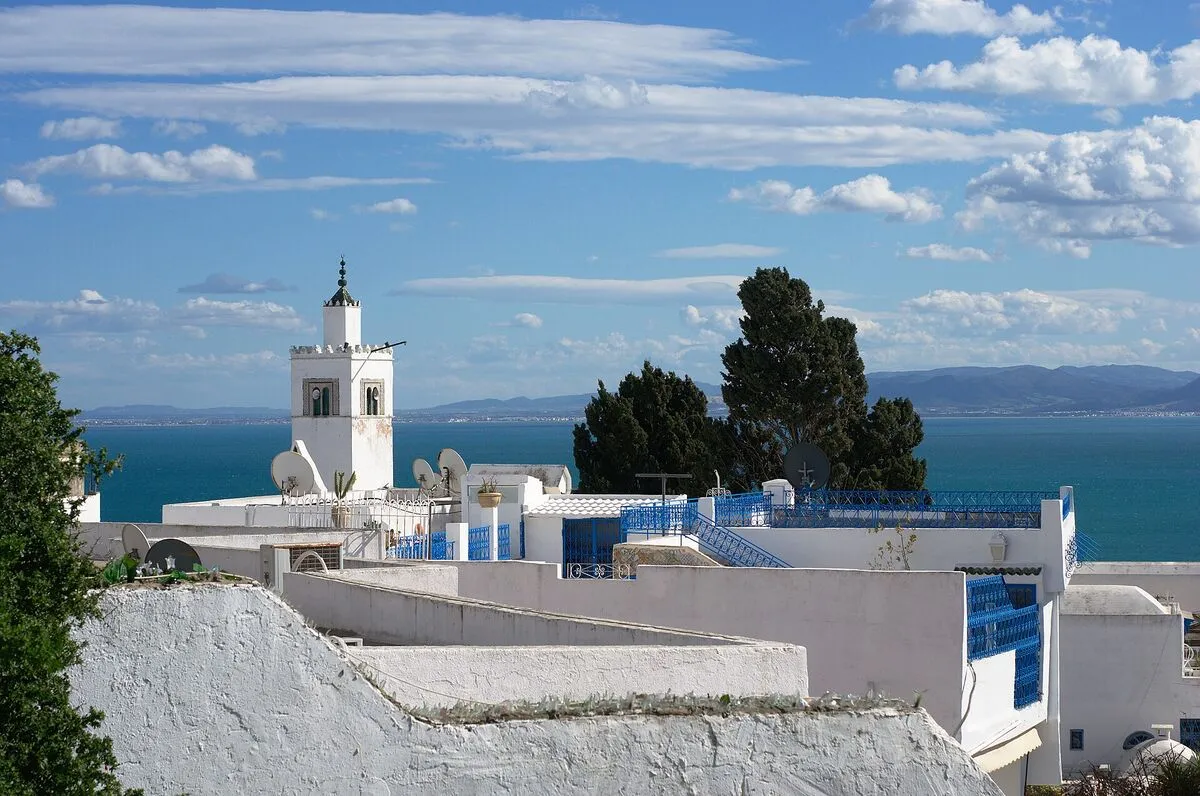 Białe domy z niebieskimi balustradami i minaret w Sidi Bou Saidzie, w tle Zatoka Tunisu