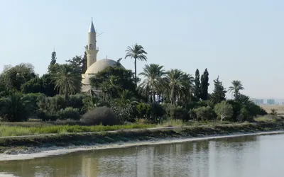 Meczet Hala Sultan Tekke z minaretem i kopułą wśród palm nad brzegiem Słonego Jeziora w Larnace