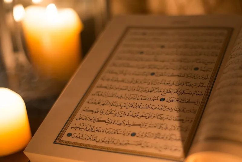Otwarty Koran z arabskim tekstem w świetle świec