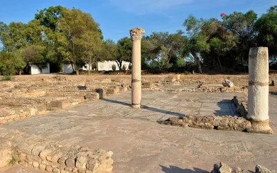 Kolumny i mozaikowa posadzka na stanowisku archeologicznym Pupput w Hammamet