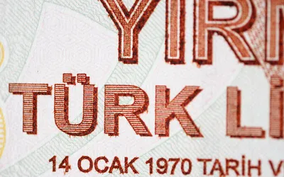 Zbliżenie napisu „Türk Lirası” na banknocie 20 lir tureckich